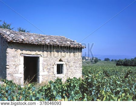 Maubec,france-july 25,2018: Small Stone Abandoned Farm Building Stands Amongst Flourishing Vines In 