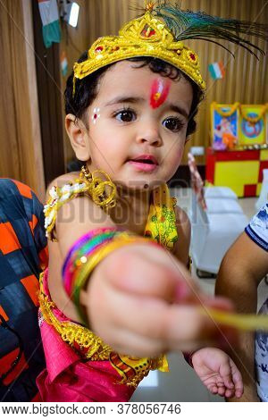 Delhi, India - September 9, 2019 : Cute Indian Kids Dressed Up As Little Lord Krishna Radha On The O