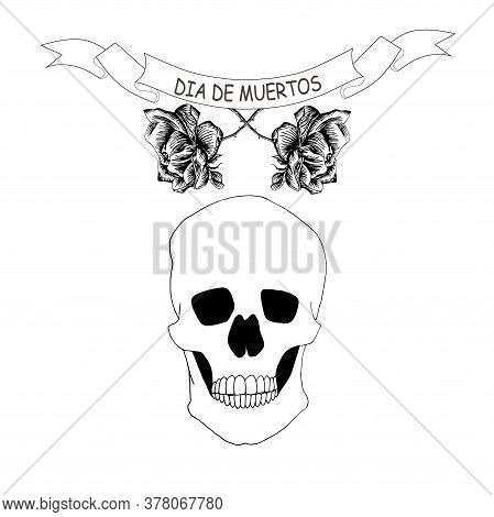 Day Of Dead Banner. Skull Rose Monochrome Hand Drawn Graphic Ink Sketch Stock Vector Illustration Fo