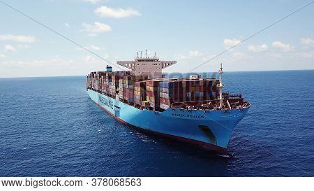 Mediterranean Sea - June 25, 2020: Maersk Hidalgo Mega Container Ship. Ulcv Fully Loaded With Freigh