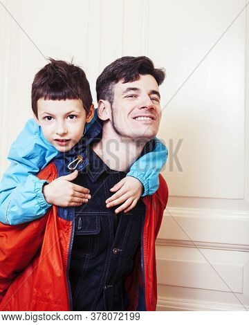 Faher And Son Together Having Fun At Home, Lifestyle Happy Family, People At Home
