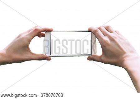 Isolate Mockup Smartphone, Closeup In Female Hands. White Background.