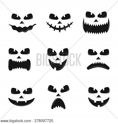 Set Of Pumpkin Faces Silhouette Icons For Halloween Isolated On White Background. Scary Pumpkin Devi
