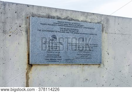 Belzec, Poland - June 12, 2020: Information Plaque About Belzec Memorial Project.