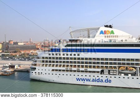 Venice - October 12:  The View Across The Stern Of Cruise Ship Aidablu Towards The Venice Skyline In