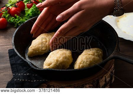 Womens Hands Sculpt Cutlets For Frying In A Pan, Closeup Opf Female Hand Cooking Cutlets On The Fryi