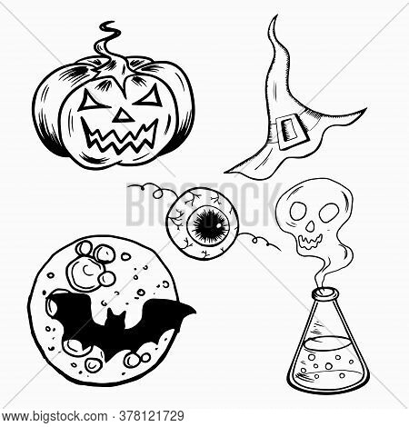 Set Of Decorative Elements For Halloween Design Postcards Invitations Poster. Pumpkin Bat Eyeball Ma