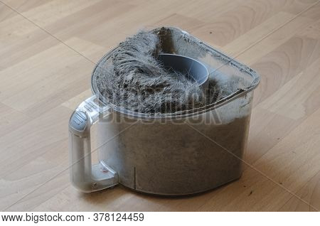 Commercial Cleaning Services. Pile Of Dust And Debris In Vacuum Cleaner Container. Plastic Container