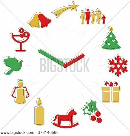 Christmas Time. Activities Icons In A Watch Sphere With Hours.