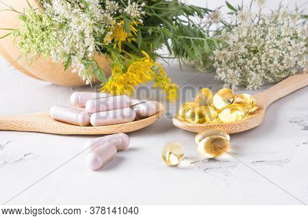 Alternative Medicine, Naturopathy And Dietary Supplement. Herbal Remedy In Capsules And Plants. Side