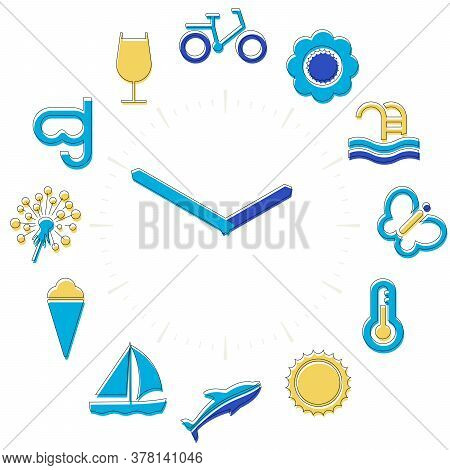 Summer Time. Activities Icons In A Watch Sphere With Hours.