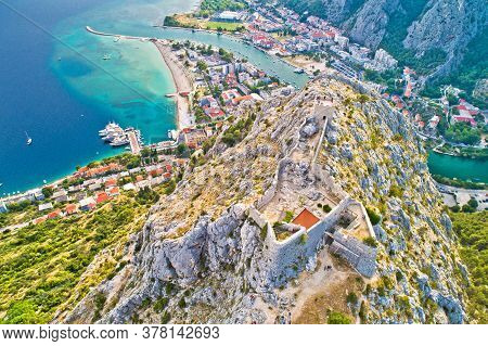 Starigrad Fortica Fortress And Cetina River Mouth In Omis Aerial View, Dalmatia Region Of Croatia