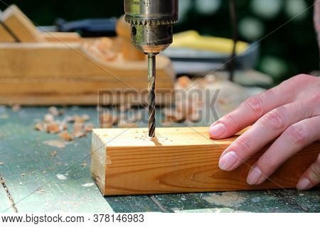 Craftswoman Carpenter Drilling A Wooden Plank With Drill Machine, Closeup View. Woodworking, Diy Con