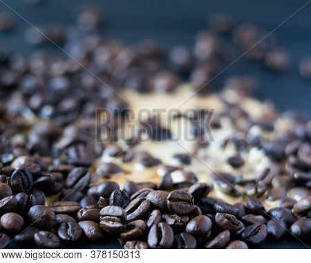 Background Coffee Beans With Spiled Coffee, Close-up, Selective Focus