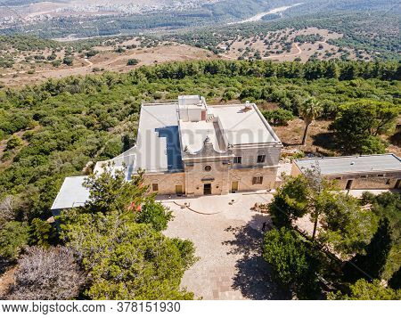 Daliyat Al-karmel, Israel, July 17, 2020 : Aerial View Of The  Deir Al-mukhraqa Carmelite Monastery 