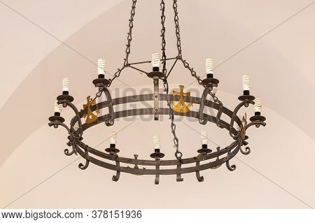 Daliyat Al-karmel, Israel, July 17, 2020 : The Iron Chandelier Hanging In Interior Of The Deir Al-mu