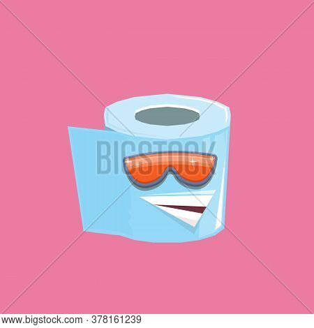 Vector Funny Cartoon Toilet Paper Roll Character With Sunglasses Isolated On Pink Background. Funky 