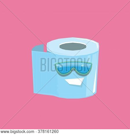 Vector Funny Cartoon Toilet Paper Roll Character With Sunglasses Isolated On Pink Background. Funky 