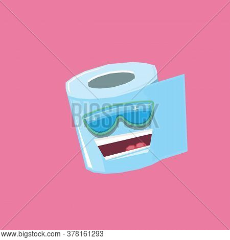 Vector Funny Cartoon Toilet Paper Roll Character With Sunglasses Isolated On Pink Background. Funky 