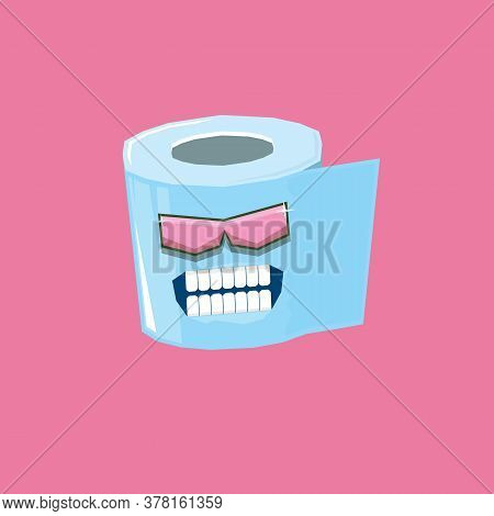 Vector Funny Cartoon Toilet Paper Roll Character With Sunglasses Isolated On Pink Background. Funky 