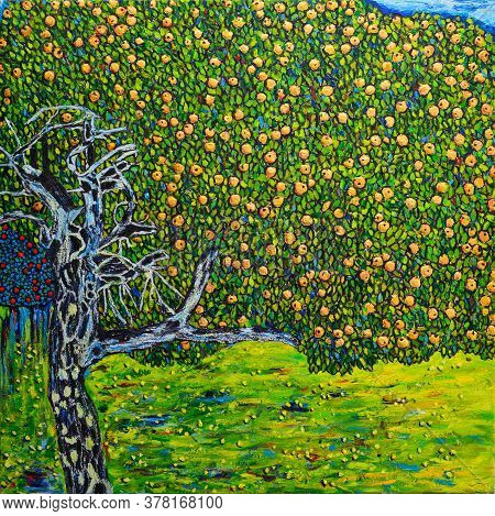 Beautiful Oil Painting Apple Tree. Free Copy Is Based On A Photo Reproduction Of A Wonderful Paintin