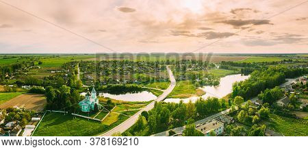 Krupets, Dobrush District, Gomel Region, Belarus. Aerial View Of Old Wooden Orthodox Church Of The H