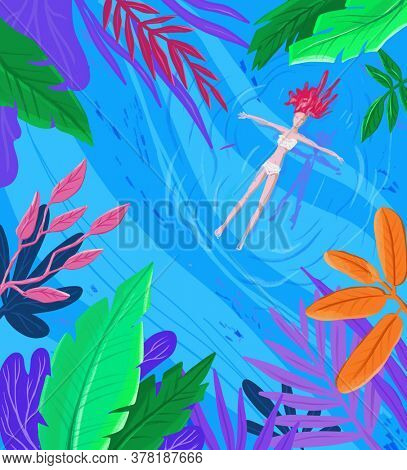 Top view of a floating woman through tropical leavesSummer paradise Hand drawn Procreate illustration