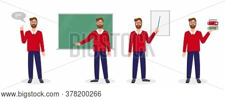 Teacher, Lecturer Or Professor In Different Poses. Set Of Scenes With Teacher. Welcome Back To Schoo