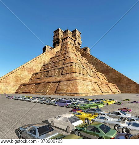 Mayan Pyramid surrounded by a huge paking lot filled with cars 3d rendering