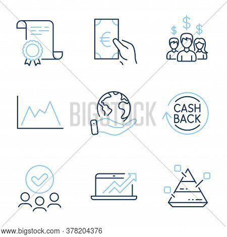 Finance, Pyramid Chart And Cashback Line Icons Set. Diploma Certificate, Save Planet, Group Of Peopl