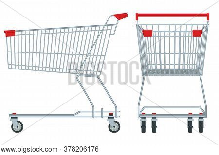 Shopping Cart Isolated On White Background. Shopping Trolley Side And Front View.