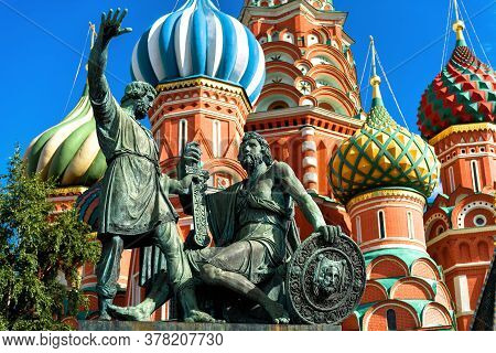 Monument To Minin And Pozharsky By St Basil`s Cathedral In Moscow, Russia. Old Saint Basil`s Temple 