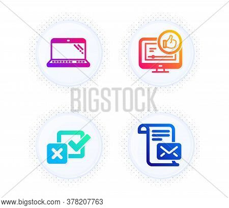 Laptop, Checkbox And Like Video Icons Simple Set. Button With Halftone Dots. Mail Letter Sign. Compu