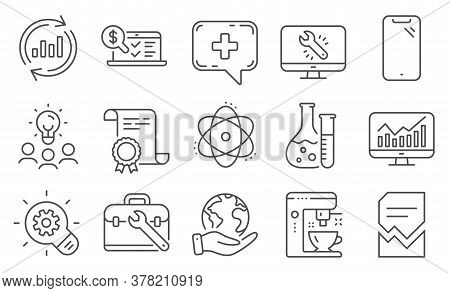 Set Of Technology Icons, Such As Monitor Repair, Statistics. Diploma, Ideas, Save Planet. Tool Case,