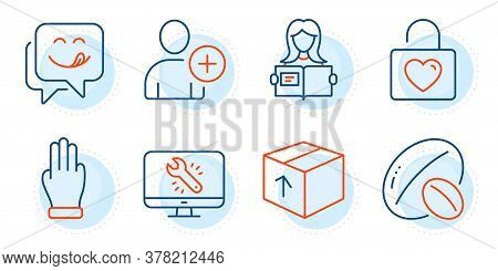 Package, Soy Nut And Woman Read Signs. Yummy Smile, Wedding Locker And Monitor Repair Line Icons Set