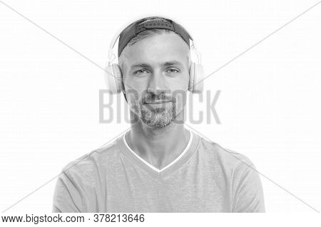 Guy In Cap Listen Music Stereo Headphones. Good Mood. Modern Wireless Headphones. Perfect Sound Conc