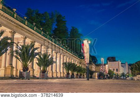 Watercolor Drawing Of The Mill Colonnade Mlynska Kolonada Neo-renaissance Building With Columns And 