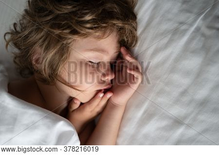 Deep Sleep Kids. Cute Sleeping Child In Bed. Little Angel Dreams