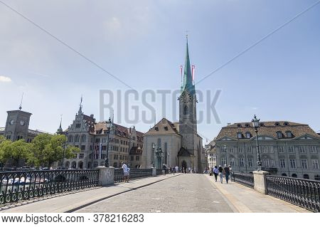 Zurich, Switzerland - 1 August, 2019: Panorama View Of Historic City Center Of Zurich With Fraumunst