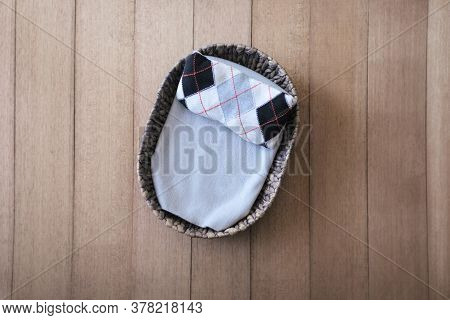 Newborn Digital Background - Natural Woven Basket With Light Gray Layer And Argyle  Grey, Brown And 