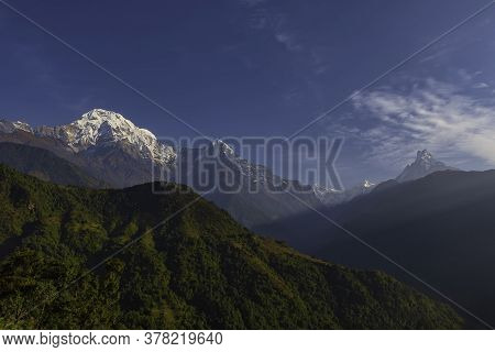Mount Machhapuchhre Or Fishtail In The Himalayas In Nepal. We Can See The Peak Of Machhapuchhre Alon