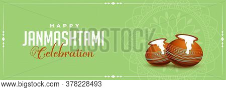 Happy Janmashtami Festival Celebration Banner With Makkhan Handi