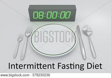 3d Illustration Of Digital Clock And White Plate, Along With Silver Knif And Fork, And An Intermitte