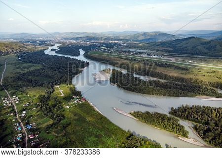 Village In Russia, Altai Mountains, Houses And Katun River. Top View Of The Mountain River In The Al