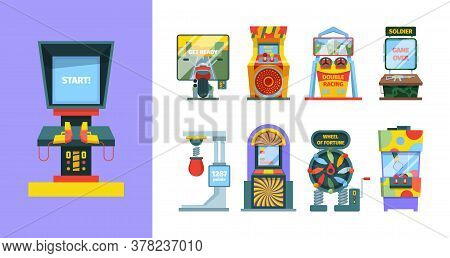 Game Arcade Machine Set. Electronic Gaming Machine With Joysticks Screen Laser Pistol Duel Colorful 