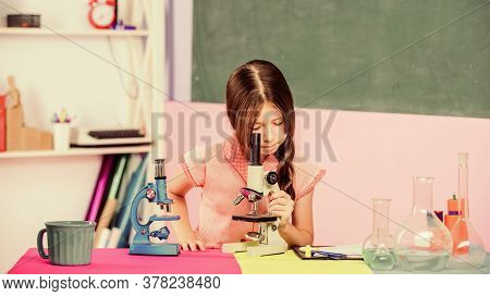 Girl Biology Class Testing Tubes. Science Lesson. School Laboratory. Small Girl With Microscope. Sci