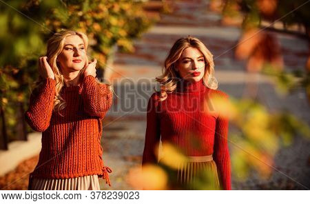 Autumn Park. Pleated Trend. Girls In Corrugated Skirt And Sweater. Female Beauty. Real Femininity. A