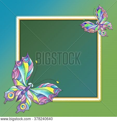 Decorative Butterfly, Hand-drawn With Color Pencils With Green Blue Frame Background