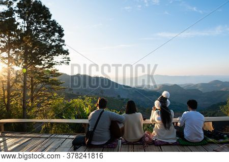 Group Of Tourists Drink Coffee On Mountain View.doi Angkang Thailand