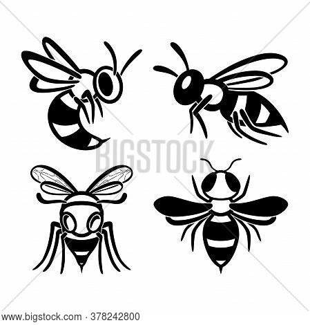 Set Of Flat Line Wasp Icons. Bundle Of Black Insects Silhouettes Isolated On A White Background. Gra